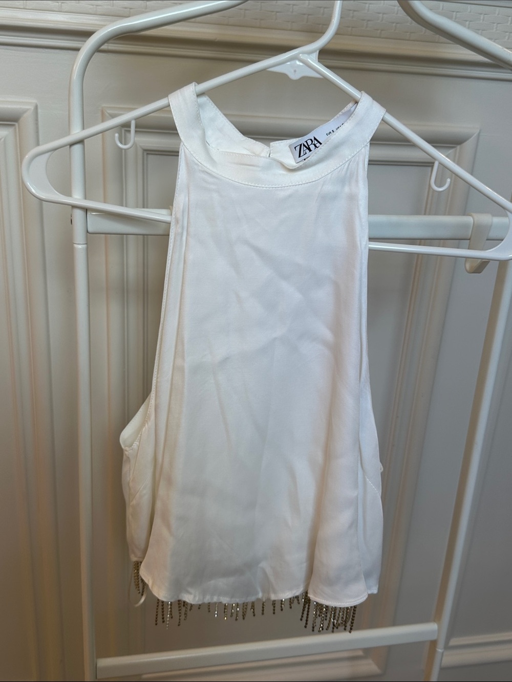Zara White Beaded-Hem Halter Tank